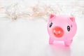 Cute toy Pink Piggy over bokeh lights background. Year of pig 2019. Pig symbol of year, Chinese Horoscope. Richness and wellness.