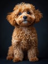 Cute toy poodle puppy is sitting on black background and looking at the camera Royalty Free Stock Photo