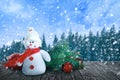 Cute toy snowman with fir tree branch and Christmas balls on wooden table in winter forest Royalty Free Stock Photo