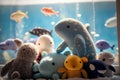 Cute toys in the aquarium on the windowsill, soft focus background