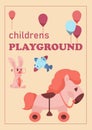 Cute toys. Cartoon playthings for children. Colorful balloons and plush animals. Kids airplane. Playground banner. Soft Royalty Free Stock Photo