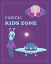 Cute toys. Comic kids zone. Children playground with spaceship and alien. UFO and shuttle. Cartoon space characters