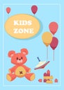 Cute toys. Kids zone banner. Playthings for children. Colorful balloons and plush animals, construction blocks Royalty Free Stock Photo