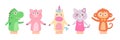 Cute toys for puppet show set, isolated forest and fantasy animal character to play story