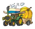Cute tractor in farmer hat with pumpkin in trailer Royalty Free Stock Photo