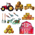 A cute tractor set with a trailer, different-shaped haystacks ,inventory, hay barn and livestock . Royalty Free Stock Photo