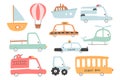 Cute transport set, cartoon cars icons, hand drawn. Kids transport set isolated on white background. Royalty Free Stock Photo