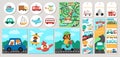 Cute transportation cards set with bus, car, boat, truck. Vector cartoon road trip square, round, vertical print templates.