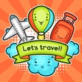 Cute travel background with kawaii doodles. Summer collection of cheerful cartoon characters cloud, airplane, balloon