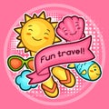 Cute travel background with kawaii doodles. Summer collection of cheerful cartoon characters sun, fish, glasses, shell