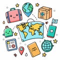 Cute travel essentials. Various colorful travel items, including a suitcase, backpack, map, globe, and more Royalty Free Stock Photo