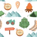 Cute travel seamless pattern. Tourism and camping adventure drawing. ÃÂ¡lipart with travelling elements, mountains, campfire,