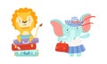 Cute Traveling Baby Animals Set, Amusing Lion and Elephant Characters Going on Trip with Luggage Cartoon Vector