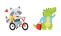 Cute Traveling Baby Animals Set, Amusing Raccoon and Crocodile Characters Going on Trip Cartoon Vector Illustration