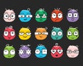 Cute trendy colorful abstract emoticons faces with geometrical shapes eyeglasses and different emotions round icons set on black Royalty Free Stock Photo