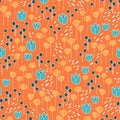 Cute and trendy floral vector pattern with tulips, poppy flowers and berries