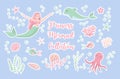 Cute trendy set of stickers emoji, patches badges. mermaid princess and dolphin, octopus, fish, jellyfish, coral Royalty Free Stock Photo