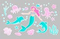 Cute trendy set of stickers emoji, patches badges. mermaid princess and dolphin, octopus, fish, jellyfish, coral. underwater world Royalty Free Stock Photo