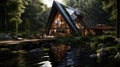 Cute triangle houses on a background of green forest near a river