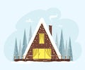 A cute triangular house among the forest decorated with lights. Festive and cozy atmosphere. Vector illustration in flat style. Me