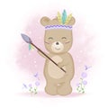 Cute tribal bear holding spear and butterflies hand drawn animal illustration