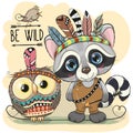 Cute tribal Raccoon and owl with feathers