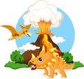 Cute tricaratops and pterodactyl cartoon with volcano background Royalty Free Stock Photo