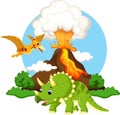 Cute tricaratops and pterodactyl cartoon with volcano background Royalty Free Stock Photo