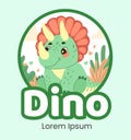 Cute triceratops dinosaur logo flat illustration of cheerful up historical character.