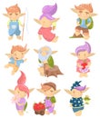 Cute troll characters set, funny creatures with colored hair in different situations cartoon vector Illustrations Royalty Free Stock Photo