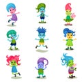 Cute troll characters set, funny creatures with different colors of skin and hair vector Illustrations on a white