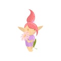 Cute troll girl character with camomile flower, funny creature with colored hair cartoon vector Illustration