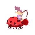 Cute troll girl character with colored hair riding on ladybug cartoon vector Illustration