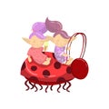 Cute troll girl characters riding on ladybug cartoon vector Illustration