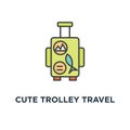 cute trolley travel luggage bag icon. handle luggage with stickers from different vacations, adventure or summer vacation, outline