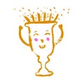 Cute Trophy character in cartoon style. Smiley golden cup for winners. You are the Champion cute vector illustration