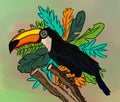 Cute tropical bird Toucan on a floral background