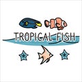 Cute tropical fish banner cartoon vector illustration motif set. Hand drawn isolated surgeon fish, clown fish and angel fish