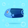 Cute tropical fish on blue background with bubbles. Brightly-coloured ocean fish. Underwater marine wild life. Vector illustration