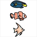 Cute Tropical Fish Cartoon Vector Illustration Motif Set. Hand Drawn Isolated Surgeon Fish, Clown Fish And Angel Fish