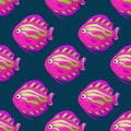 Cute tropical fish on dark background. Brightly-coloured ocean fish. Underwater marine wild life. Seamless pattern. Vector Royalty Free Stock Photo