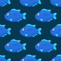 Cute tropical fish on dark background. Brightly-coloured ocean fish. Underwater marine wild life. Seamless pattern. Vector Royalty Free Stock Photo