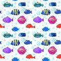 Cute tropical fish on white background. Brightly-coloured ocean fish. Underwater marine wild life. Seamless pattern. Vector Royalty Free Stock Photo