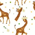 Cute Tropical giraffe seamless pattern. Pattern with wild animals, Head Giraffe, flower. 3d Vector illustration.