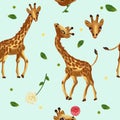 Cute Tropical giraffe seamless pattern. Pattern with wild animals, Head Giraffe, flower, leaf. 3d Vector illustration.