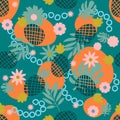 Cute tropical seamless pattern with pineapple, palm leaf, flower, stain, circle. Royalty Free Stock Photo