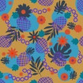 Cute tropical seamless pattern with pineapple, palm leaf, flower, stain, circle. Royalty Free Stock Photo