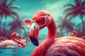 hipster sunglasses bird animal pink summer party feather flamingo tropical. Generative AI. Royalty Free Stock Photo