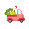 Cute Truck with Broccoli and Squash, Side View, Food Delivery, Shipping of Fresh Garden Vegetables Vector Illustration