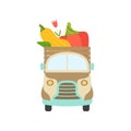 Cute Truck with Giant Fresh Pepper and Zucchini, Front View, Food Delivery, Shipping of Garden Vegetables Vector